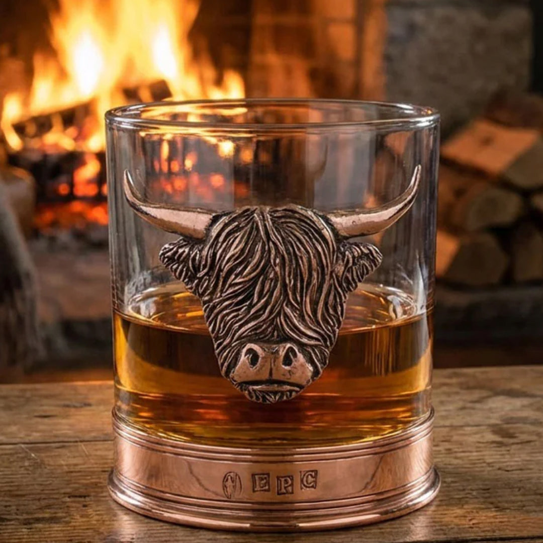 Highland Cow Copper Pewter Whisky Glass Fireplace