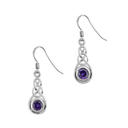 Celtic Knotwork Silver Drop Earrings with Amethyst Colour Stone