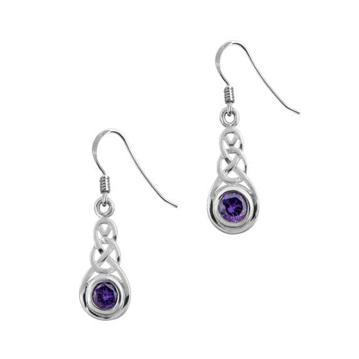 Celtic Knotwork Silver Drop Earrings with Amethyst Colour Stone