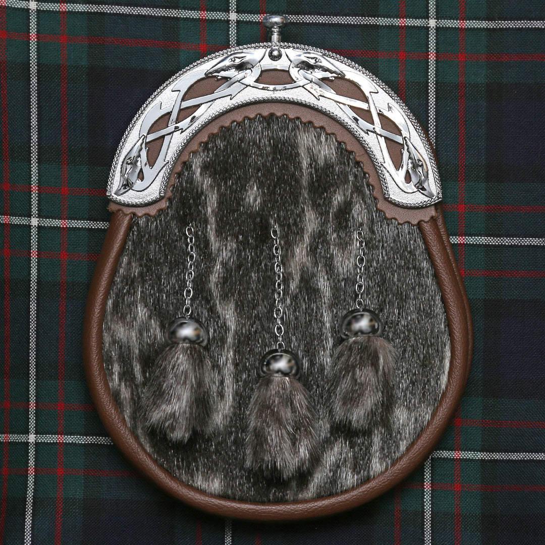 Brown Leather Chrome Serpent Sealskin Sporran Tartan