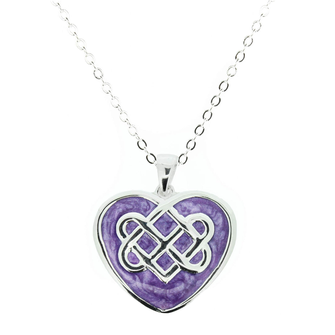 Celtic Knot Silver Plated Heart Pendant with Purple Enamel