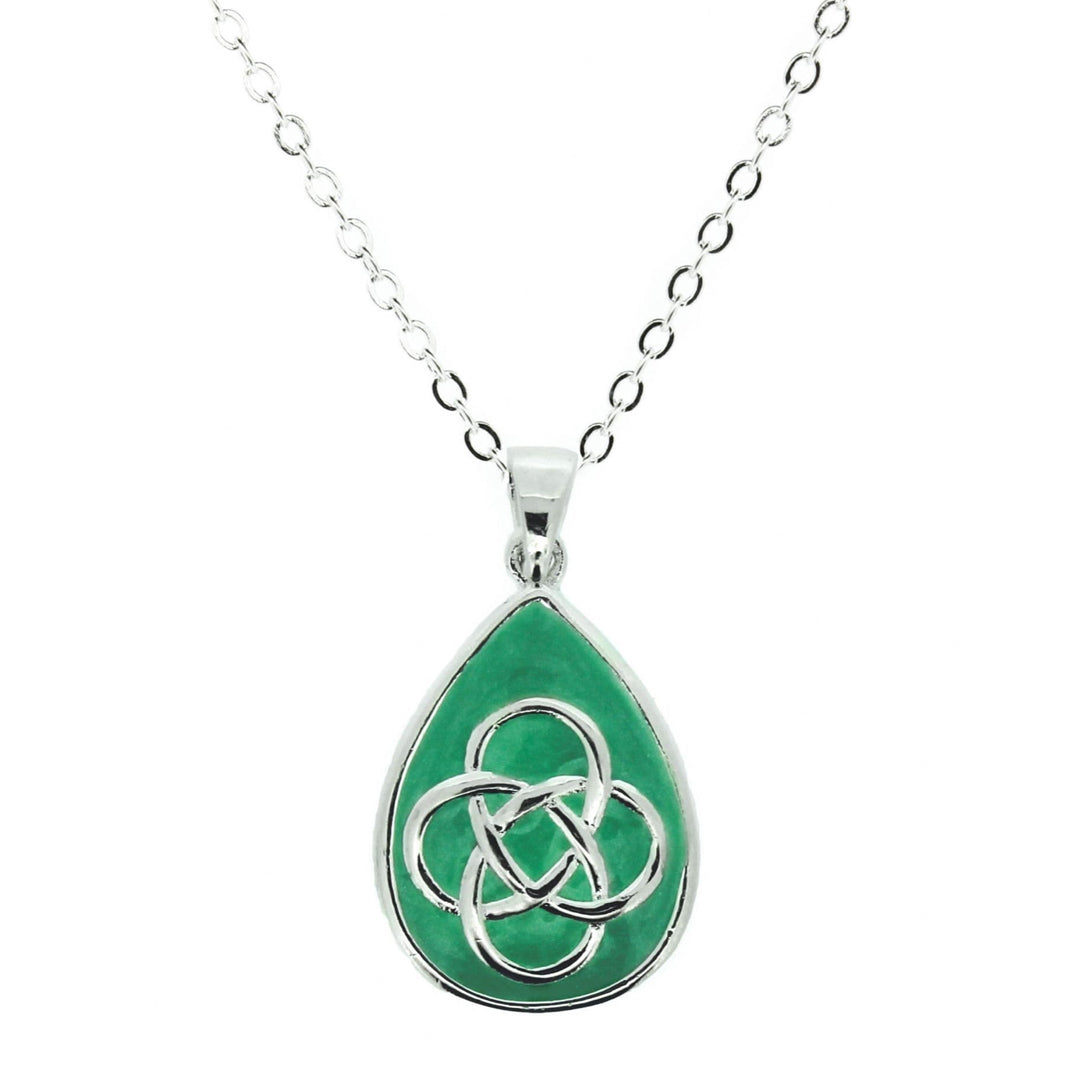 Celtic Knot Silver Plated Teardrop Pendant with Green Enamel