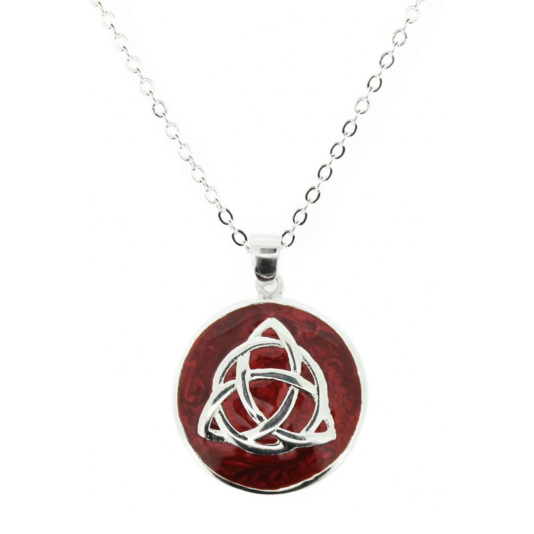 Celtic Trinity Knot Silver Plated Round Pendant with Red Enamel