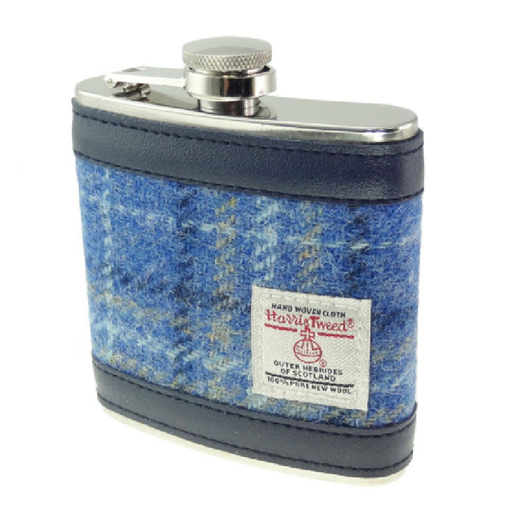 Harris Tweed Hip Flask - Light Blue Check