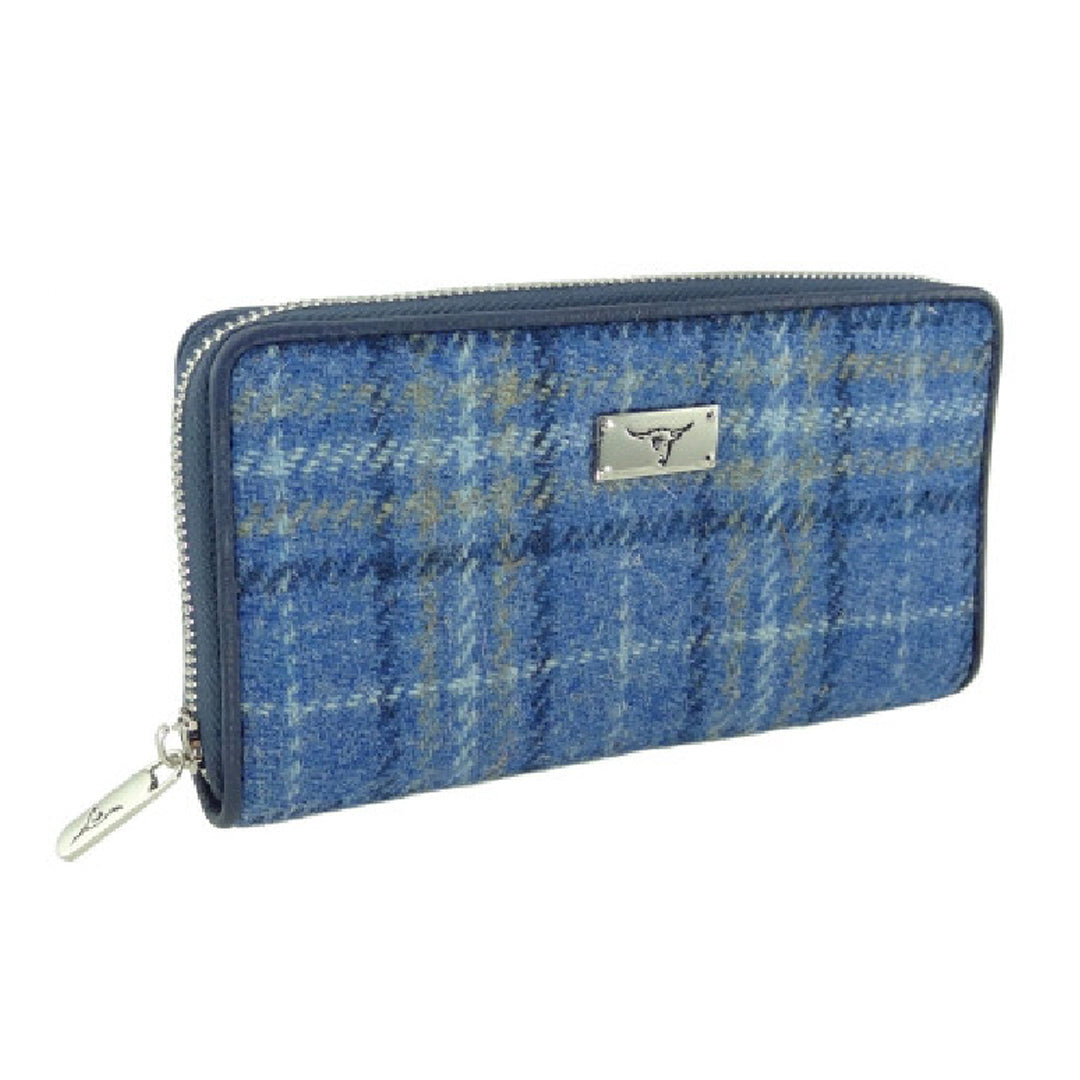 Harris Tweed Long Zip Purse Light Blue Check