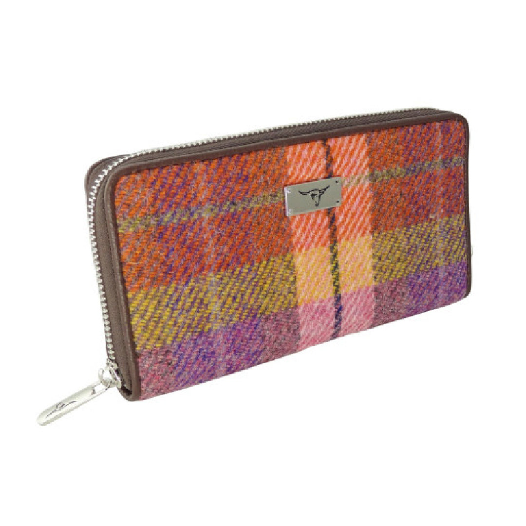 Harris Tweed Long Zip Purse Peach and Purple Tartan