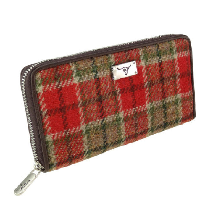 Harris Tweed Long Zip Purse Red and Green Tartan