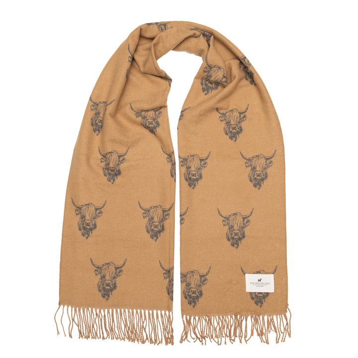 Highland Cow Oversized Scarf - Camel