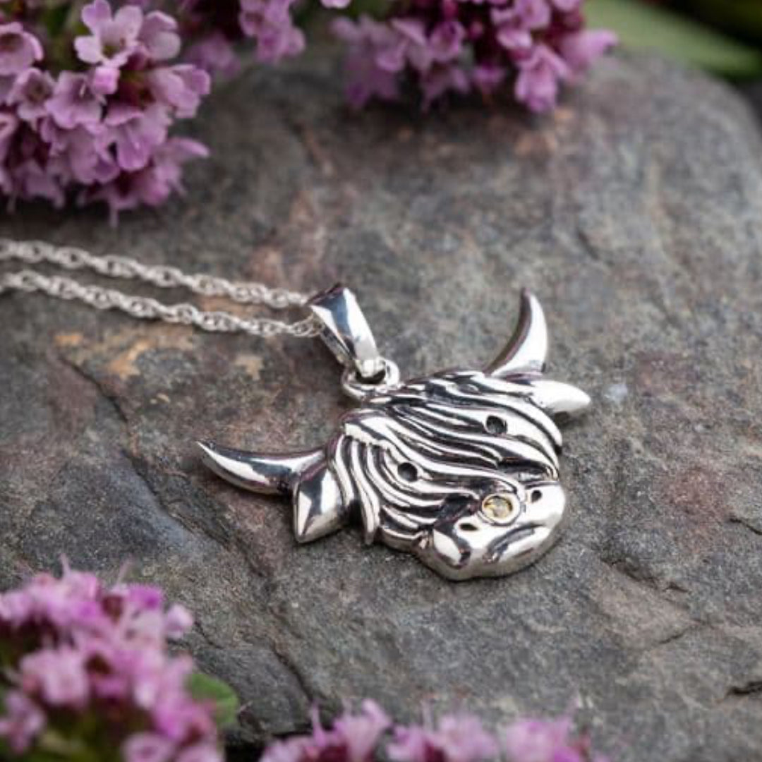 Highland Cow Silver Pendant Angle