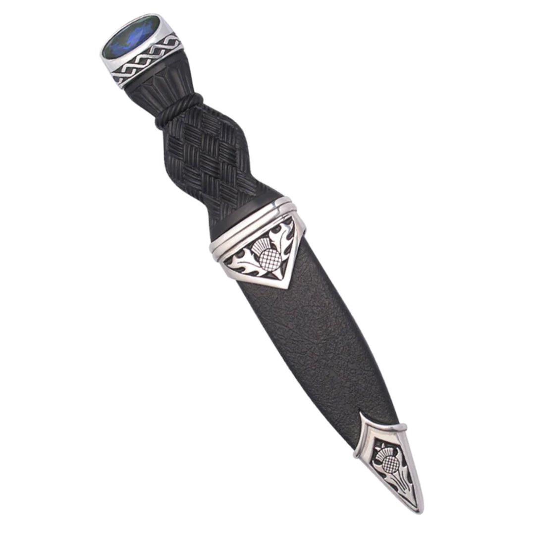 Sgian Dubh, Polished Pewter (Thistle) - Blue Stone
