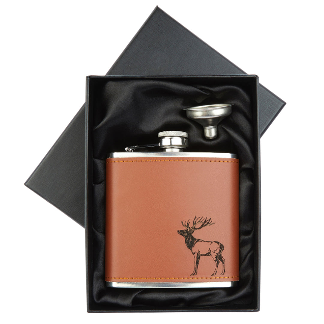 Stainless Steel Flask - Stag Tan Leather Box
