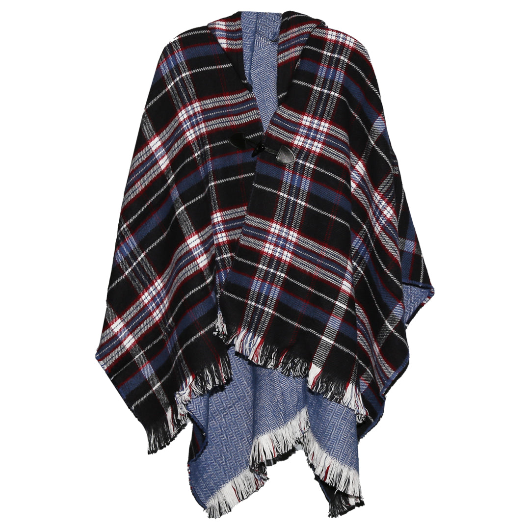 Tartan Poncho with Hood - Blue