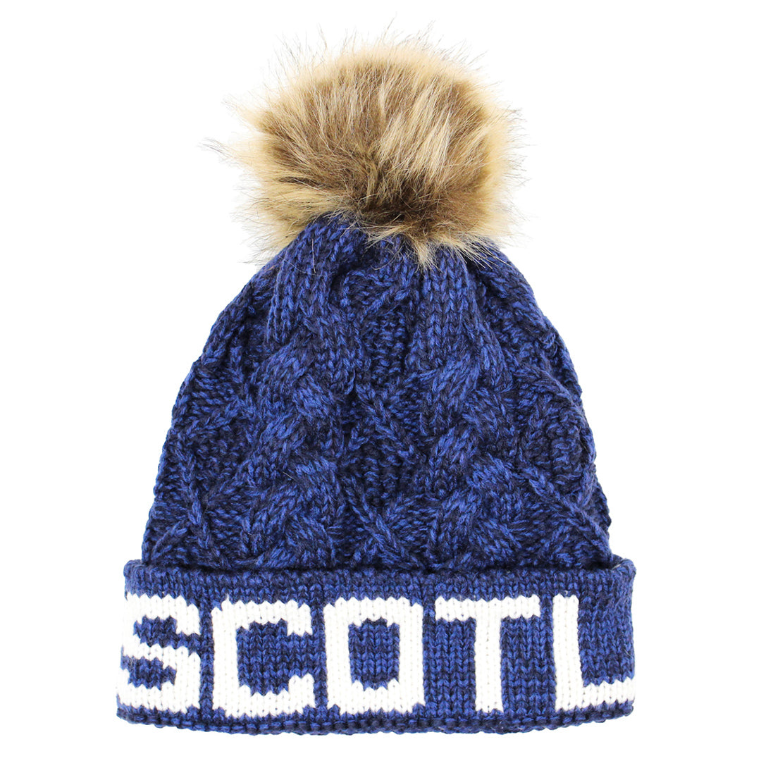 Scotland Cable Knit Bobble Toque - Blue