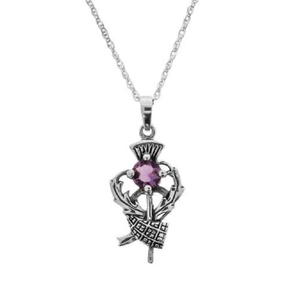Scottish Thistle and Tartan Silver Pendant with Amethyst